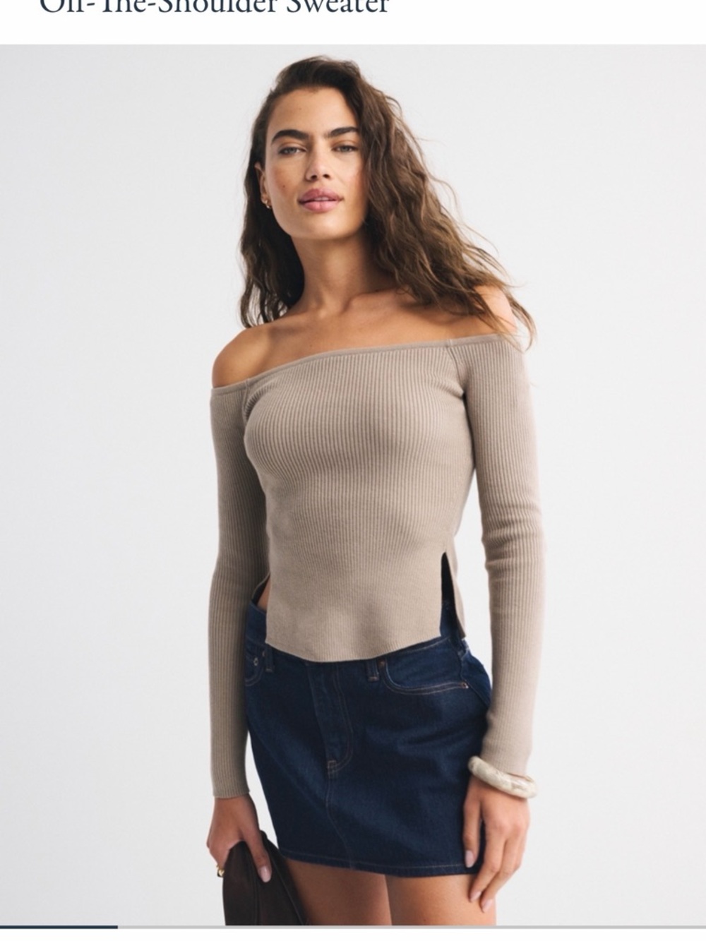 Abercrombie & Fitch Off-the-Shoulder Ribbed Sweater in Light Brown